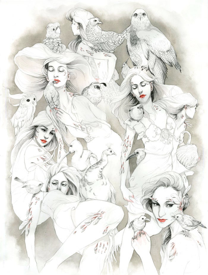 Digital Art Print Full Color Illustration The Birds Figures Graphite Drawing Ink