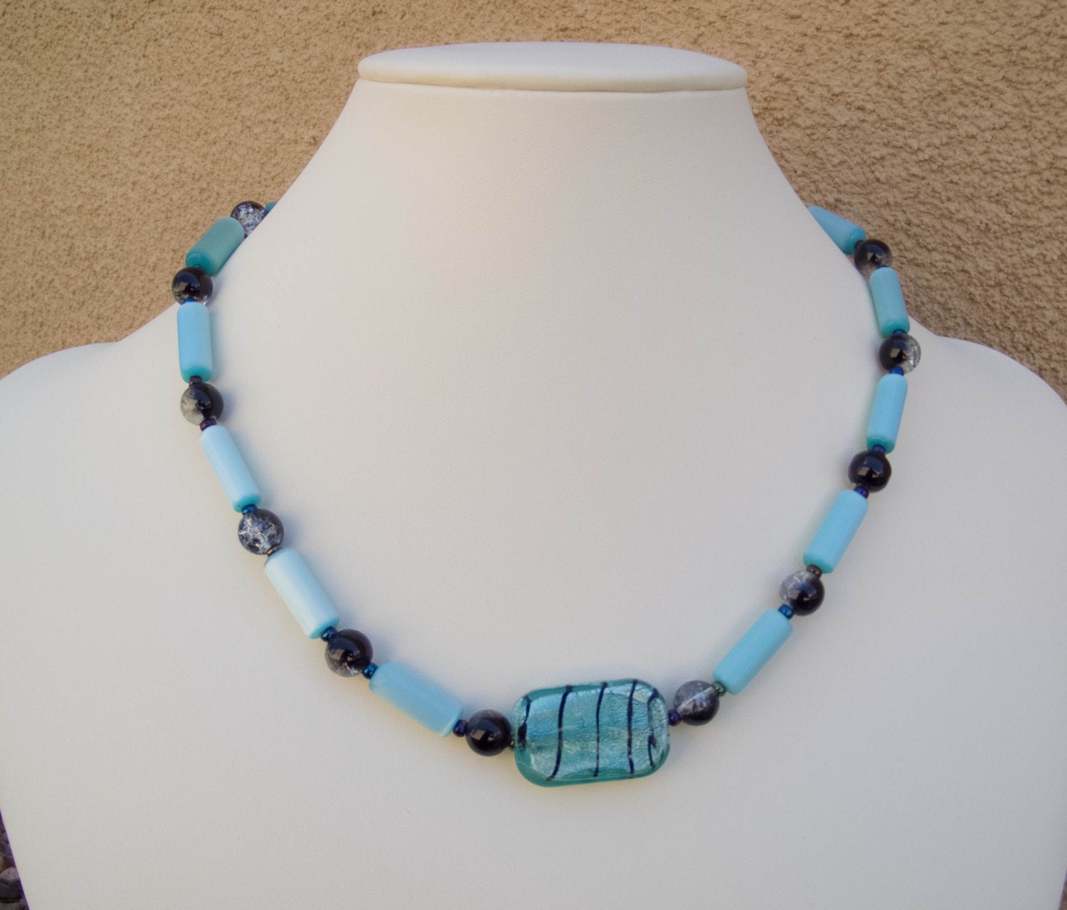 Aqua, Crackle and Black: A one-of-a-kind glass necklace