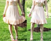 Vintage 60s Handmade Peach DRESS w White Floral Pattern Ruffles Romantic Chic Festival Empire Waist, Peplum, Babydoll, Party, Summer, Fancy