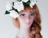 White foam rose head wreath/garland/whimsical/bride/bridesmaid/girl/big/circlet/halo/flower crown/woodland/hair ring ivory cream white/pink