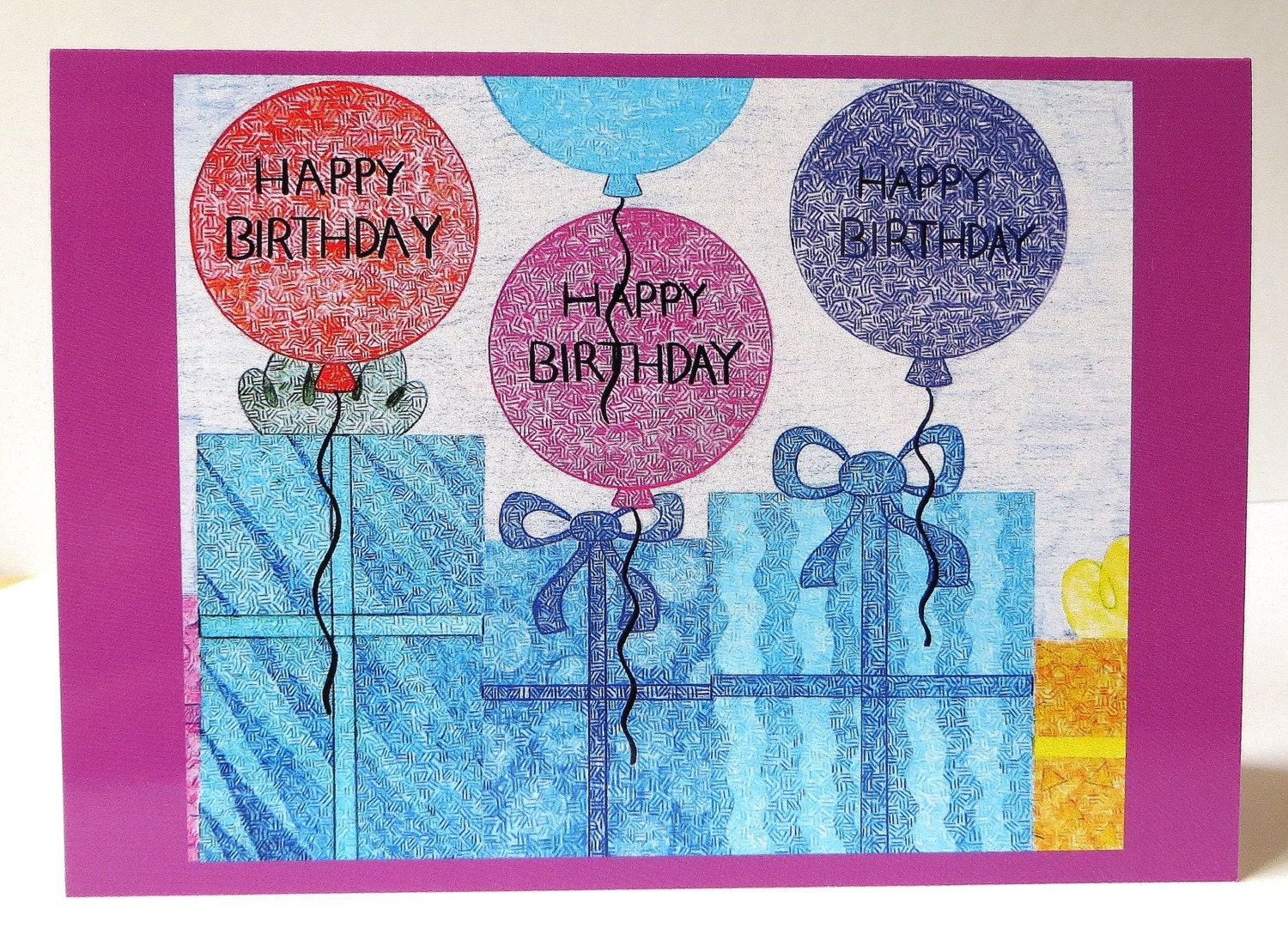 Original blank notecard greeting cards (set of 6) Happy Birthday Balloons Gifts Pink Border- by EmilyKimCreations