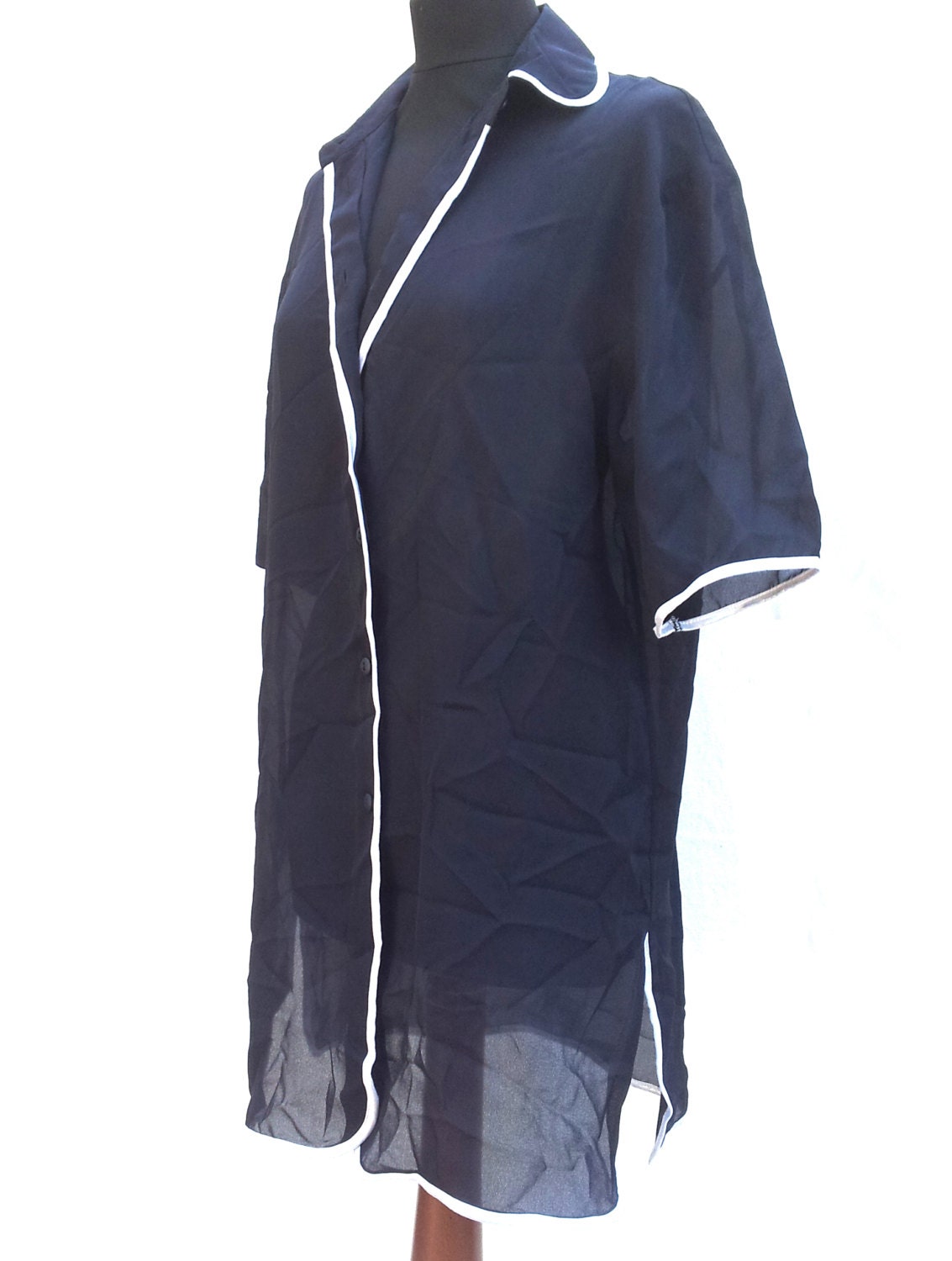 Free shipping / Vintage SHEER Black shirt / black SHIRT Oversized / tunic, Size S M, One piece, GOTTEX, Short Sleeve Blouse