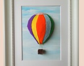 Handmade Clay-based Felt Covered Air Balloon Wooden sticks Framed Art,Nursery Wall Deco,3D mixed media with Claybased Felt Air balloon