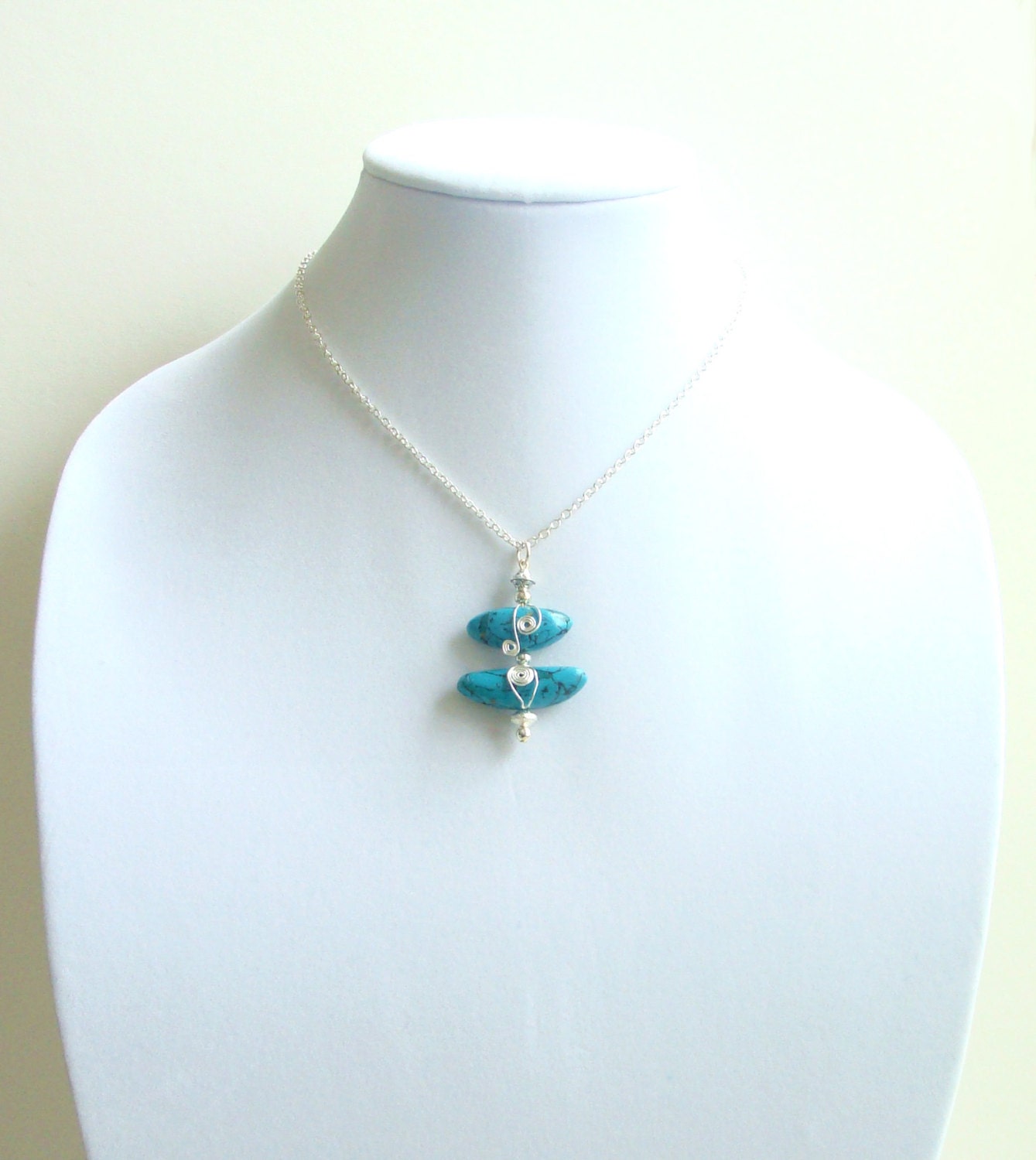 Polymer Clay Faux Turquoise Pebbles Choker Necklace With Wrapped Silver Wire and Tibetan Spacer Bead