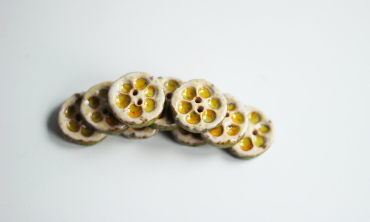 Set Of  Nine Yellow Ceramic Rounded Buttons  -  Lime Buttons - Art Ceramic Buttons - Handmade Buttons