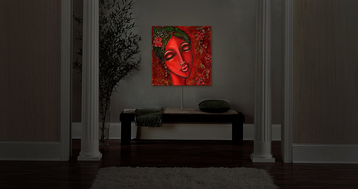 Deep listening, heart felt tunes and ruby red roses and notes of love, Illuminated Art, Night Light, Home Decor, Ambiance Lighting, Wall Art
