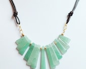 Mint green adventurine gemstone bib necklace with gold filled on leather cord
