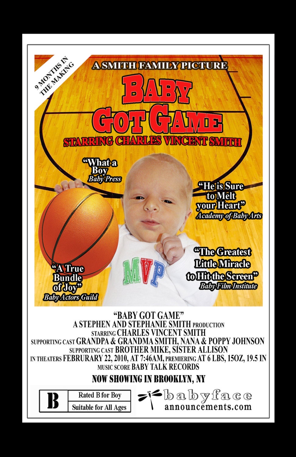 100 Movie Baby Announcements, FREE BACKSIDE Photo Collage, Basketball Sports Theme, Movie Poster Design