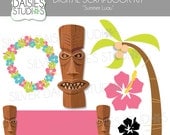 Summer Luau Digital Clip Art - INSTANT DOWNLOAD - Set of 6 Clip Art Elements - hibiscus, tiki, lei, palm tree graphics