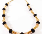 Summer gold tubes, yellow and black crystal handmade beaded necklace, beadwork, Mother's Day