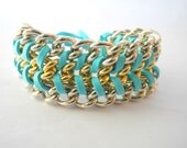 silver chain bracelet,blue turquoise suede and silver chain bracelet,Friendship bracelet.woven chain bracelet.spring bracelet.