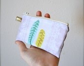 Feathers in blue and green ... a LIGERMILK original.  lined cotton canvas zipper pouch with loop wallet