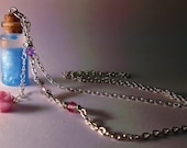 Aurora Vial Necklace - Disney Briar Rose Sleeping Beauty Inspired - Handmade, Corked Glass Bottle - Blue Pink Rose Charm