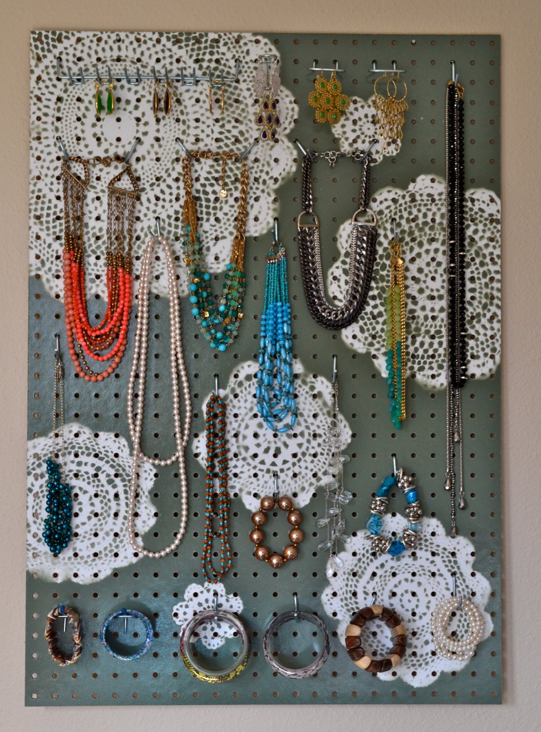 Jewelry Organizer Wall Display, Jewelry Holder, Custom, Hand Painted, Sage Green