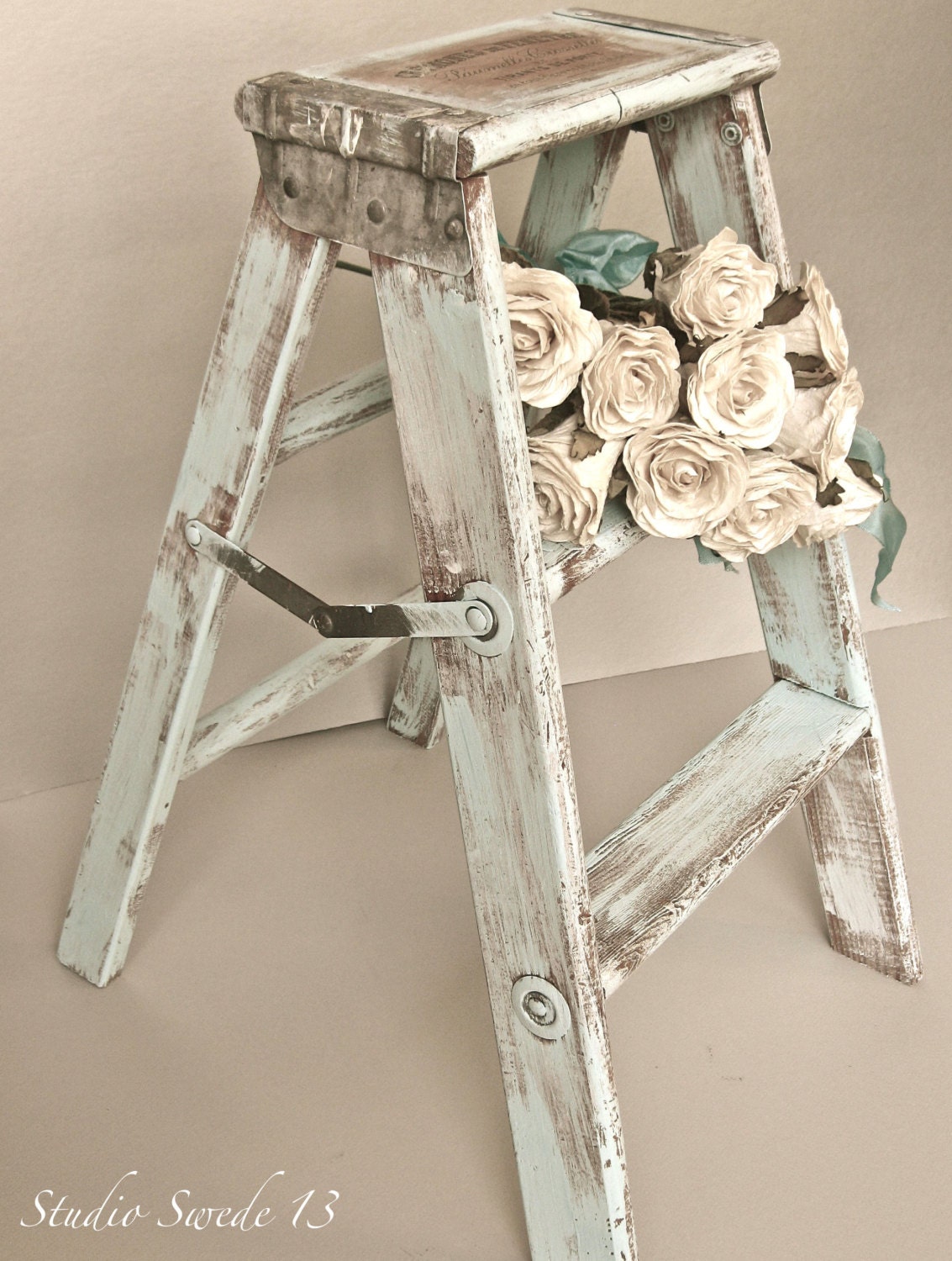 French Country Photography, Fine Art, Vintage Step Stool, Old Ladder, Shabby and Chic, Aqua Blue, Rustic Farmhouse, Wall Art - StudioSwede13