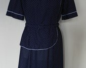 Original 1980's Vintage Navy Blue Polka Dot Peplum Dress 1950s Secretary Style