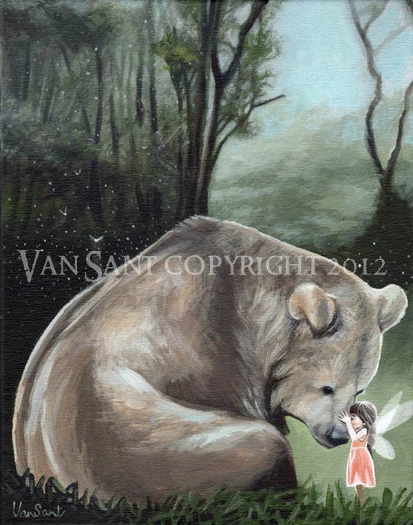 Kisses For Brother Bear - fairy princess in forest with bear art print by Susan Van Sant 8x10