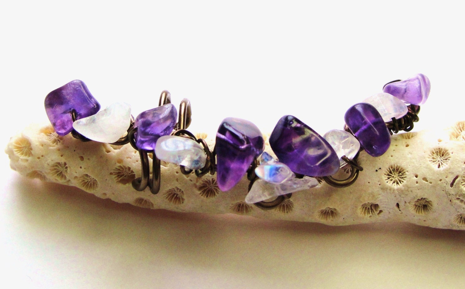 Natural Amethyst Purple Ear Cuff Natural Organic Moonstone Ear Vine Antique Bronze Twisted Wire Artisan Ear Jewelry