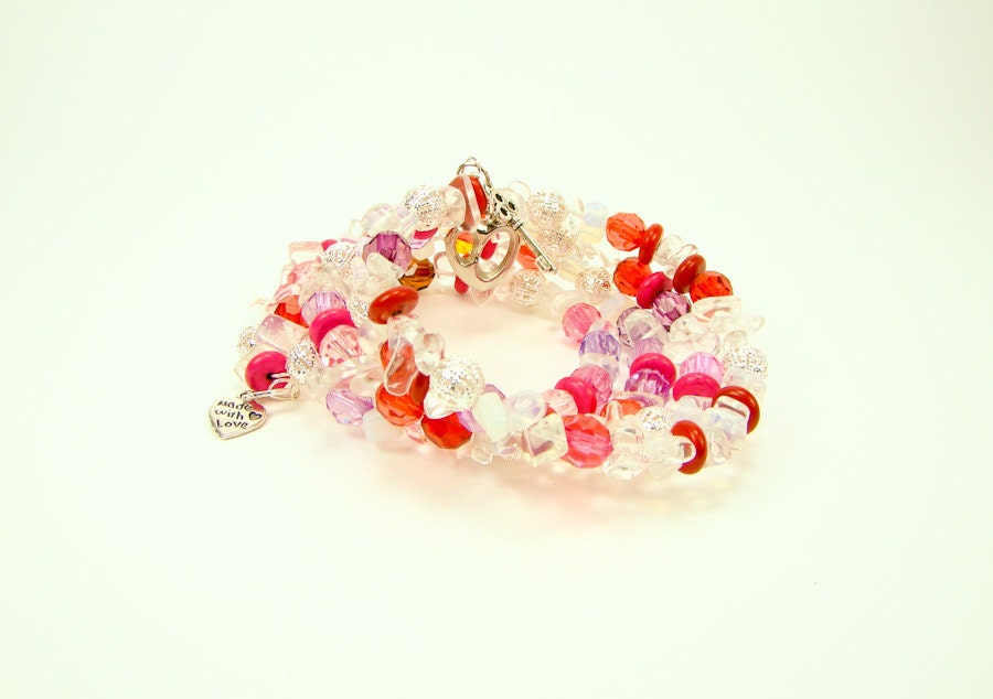 Multistrand bracelet. Crystal charm bracelet. Gemstone bracelet. Pink, lavender, red, white, silver, heart, key charm