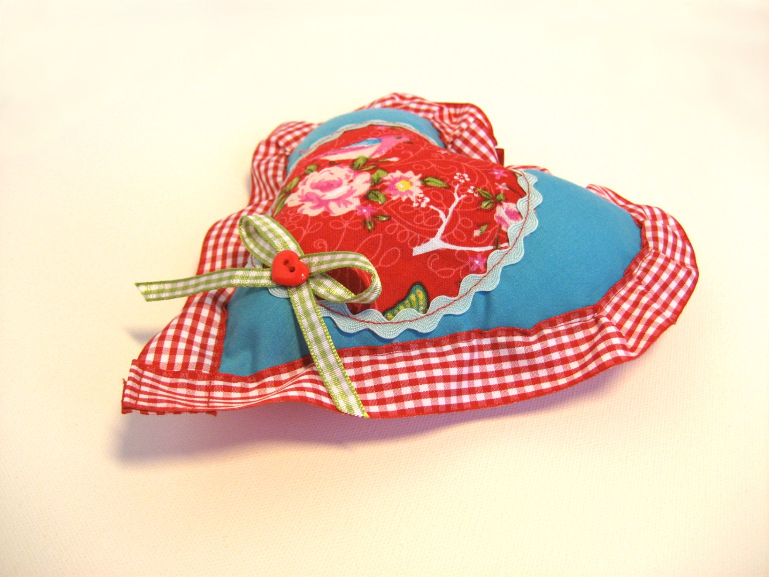 Handmade Heart Ornament - Home Decor - Baby Shower Gift - Nursery Decor -  Blue and red, polka dot, chequered, flower bird print