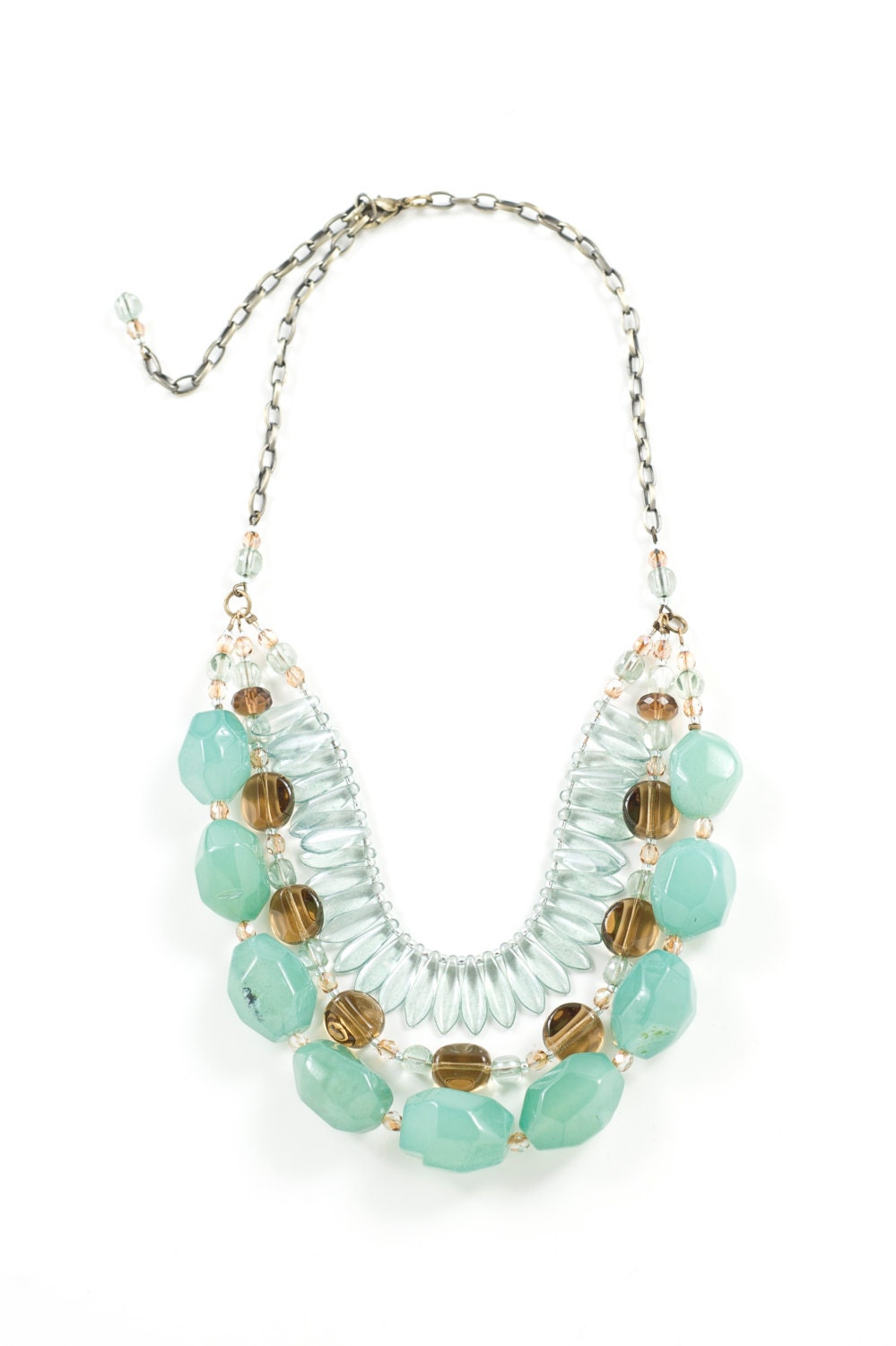 Layered statement necklace with semi-precious stones and glass beads.