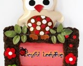 Handmade leather owl in love, picture frame, photo frame decorated with crocheted flower, ladybug, button flowers, brown fluffy wool