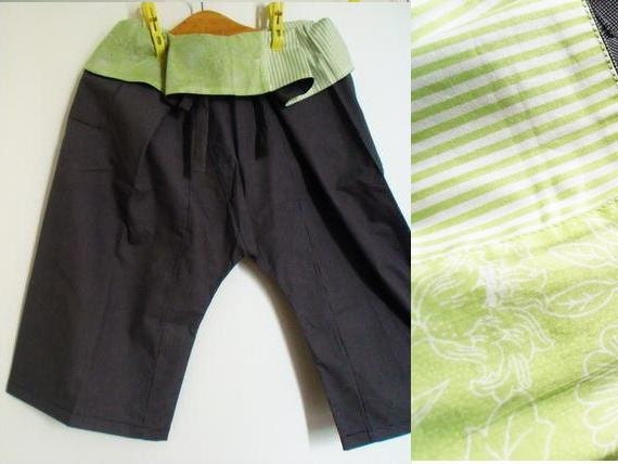 Patchwork Thai Fisherman Pants - Wrap-around Cotton Pants - Spring Summer Leisure Pants - Gray -Lime Green - Free Size - Unisex - Maternity