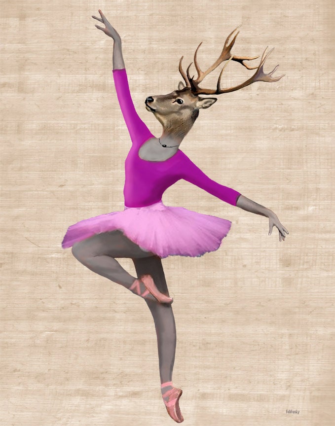 Ballet Deer Pink 14x11 Digital Art Illustration Mixed Media Original Print Animal Painting Print Wall Decor Wall hanging Wall Art