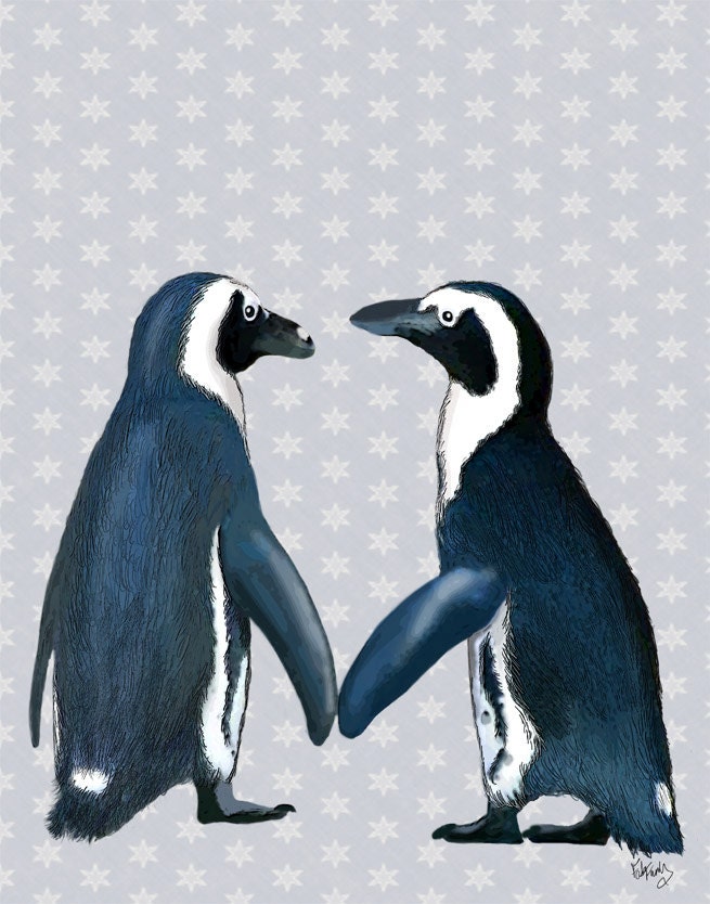 Penguins In Love 14x11 Portrait Art Print Illustration Poster Acrylic Painting Giclee Wall Decor Wall hanging Wall Art Animal Painting