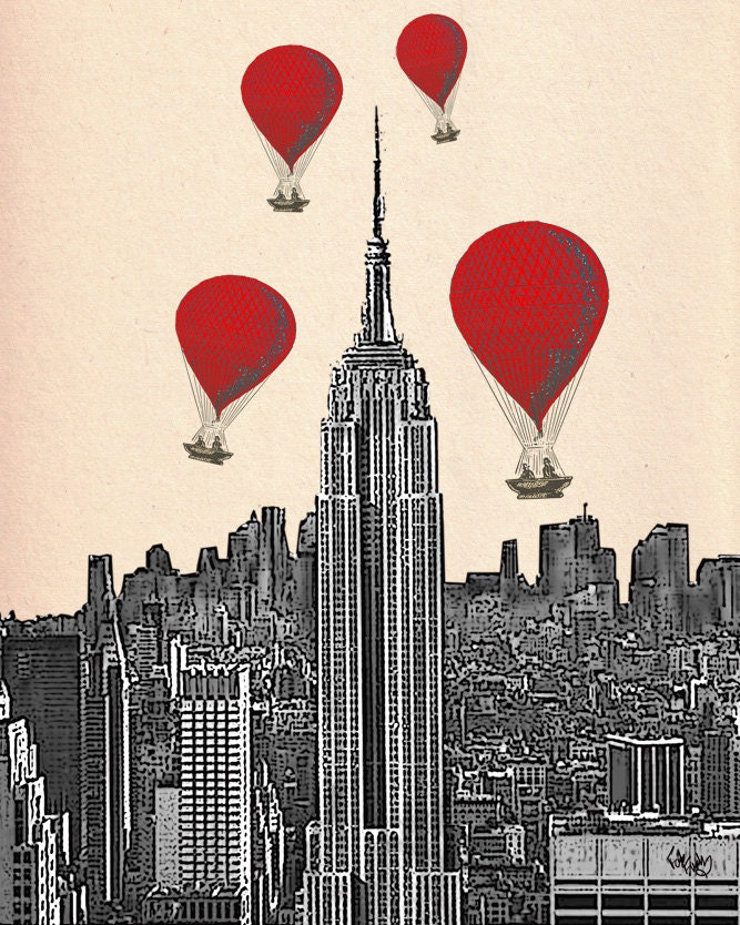 Empire State Building 14X11 Red Hot Air Balloons Art Print Poster Original Illustration Digital Print wall decor wall art New York