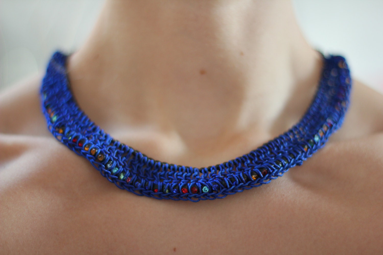 Blue neon bright statement chain crochet handmade bib necklace choker