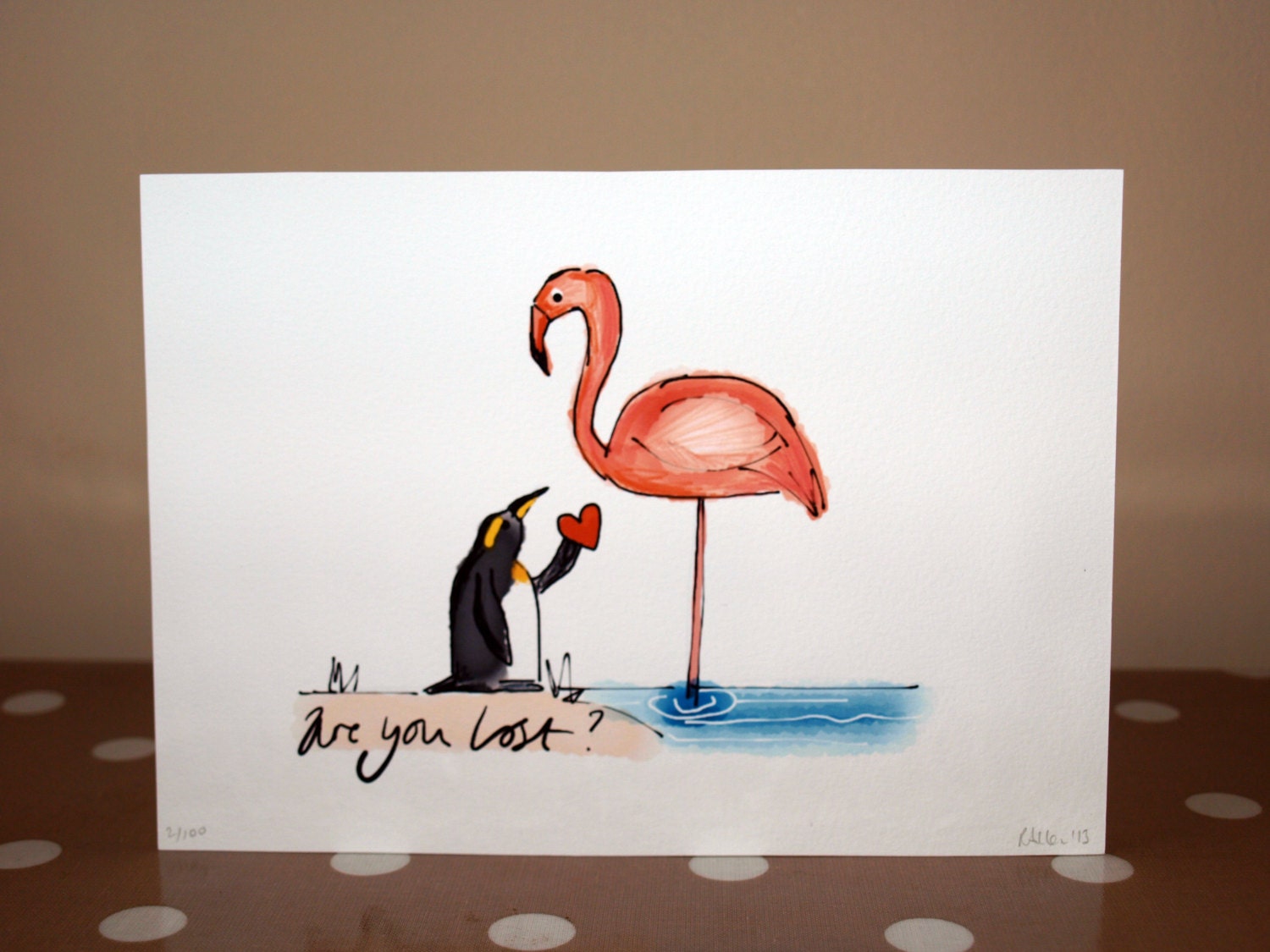 Are you lost - original digital watercolor illustration art print birds flamingo and penguin 5x7"