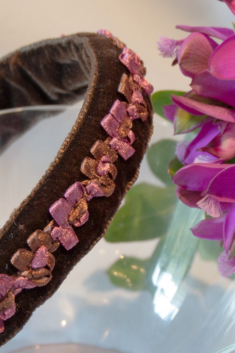 Headband, brown velvet and trimmings -light brown and thulian pink-, hairband, hair accessory