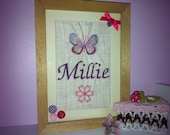 Girl's Personalised Handmade Embroidered Butterfly & Flower With Name .....