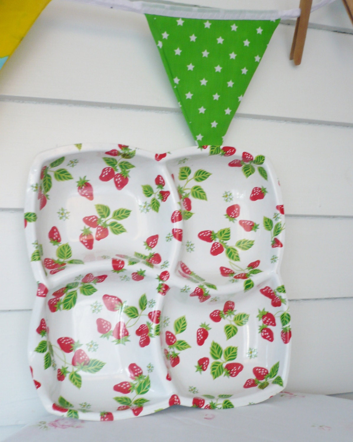 Vintage Strawberry Four Compartment Plastic Fruit Serving Tray