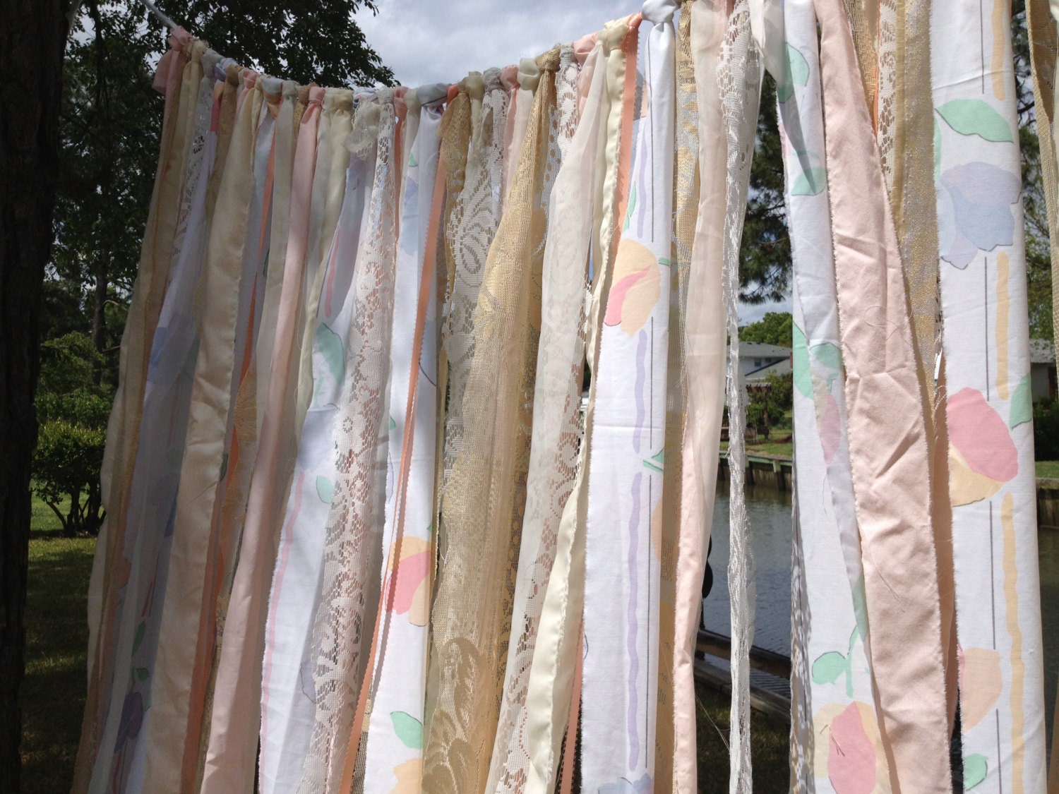 Peach Wedding Backdrop Garland - Banner - Rustic, Shabby, Tattered, Cottage, Chic  - Special Event - Photo Booth - Lace, Fabric Bunting