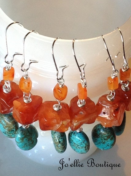 set of 3 pairs bridesmaid orange and turquoise earrings rustic wedding jewelry country style stone cowgirl western bridal gift