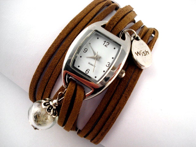 Wrap Watch with Real Dandelions - suede leather and silver wrist watch, glass orb with real dandelion seeds and letter charm WISH