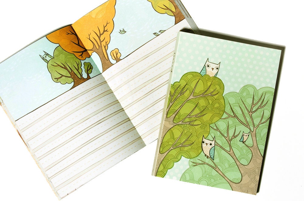 Treetop Owls Diary - Colorful lined pages diary, owl bird tree writing bound journal book Woodland Folk