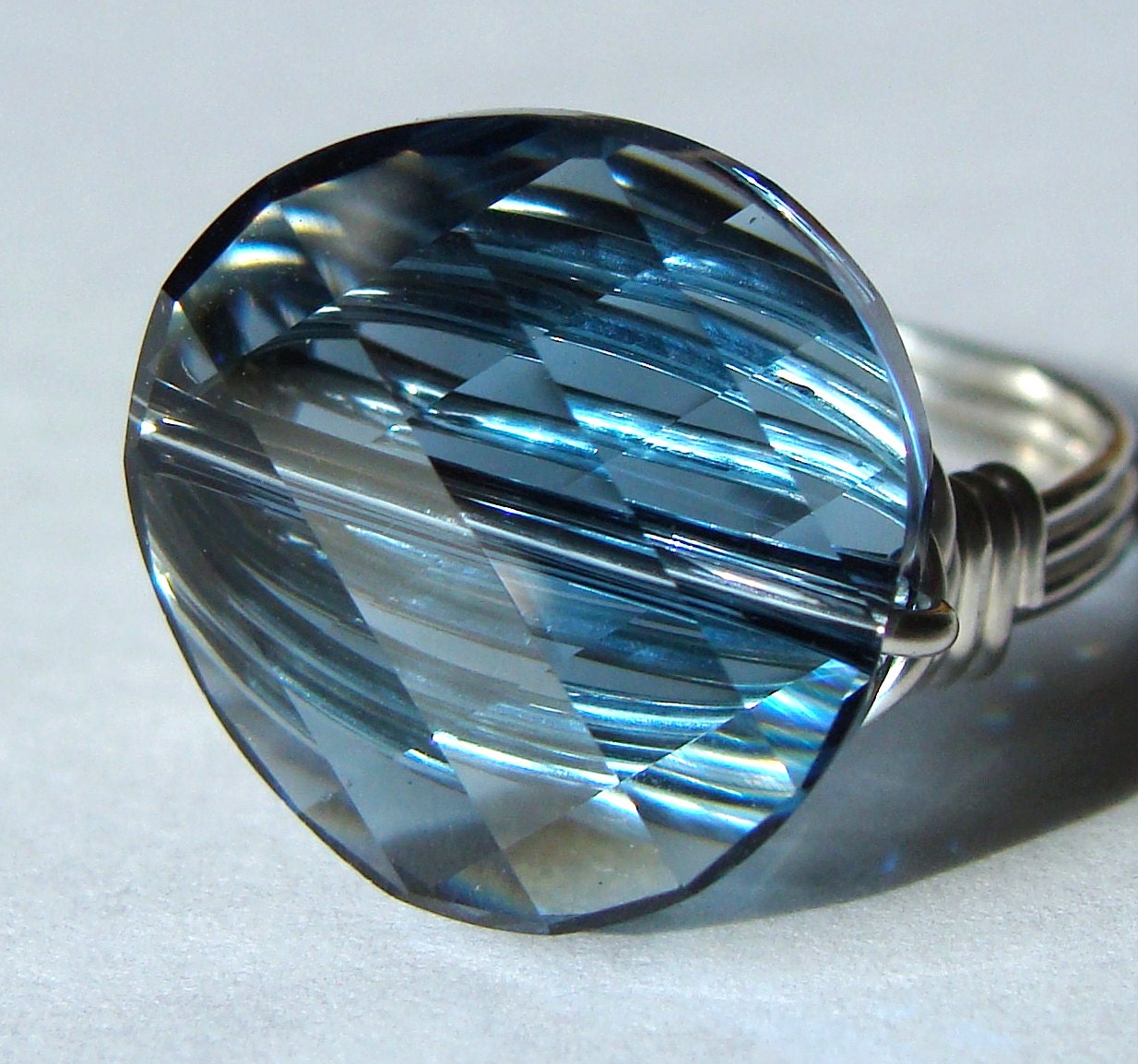 18mm Denim Blue Swarovski Crystal and Sterling Silver Statement Ring Cocktail Ring