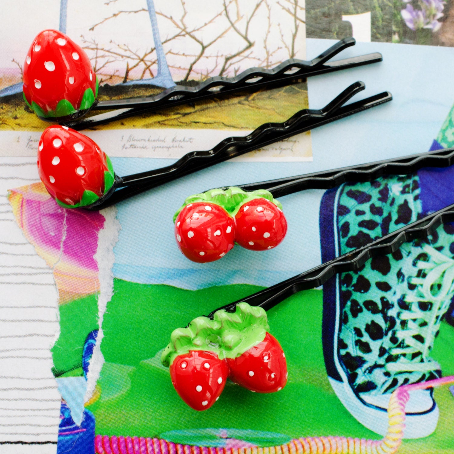 pink & red strawberry bobby pins. cute kawaii hair accessories.