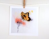 Butterfly Art - Butterfly Painting Watercolor Print - Insect Woodland Creature Yellow Wings, Pink Flower - Men Women Kids - 8 x 8 Under 20