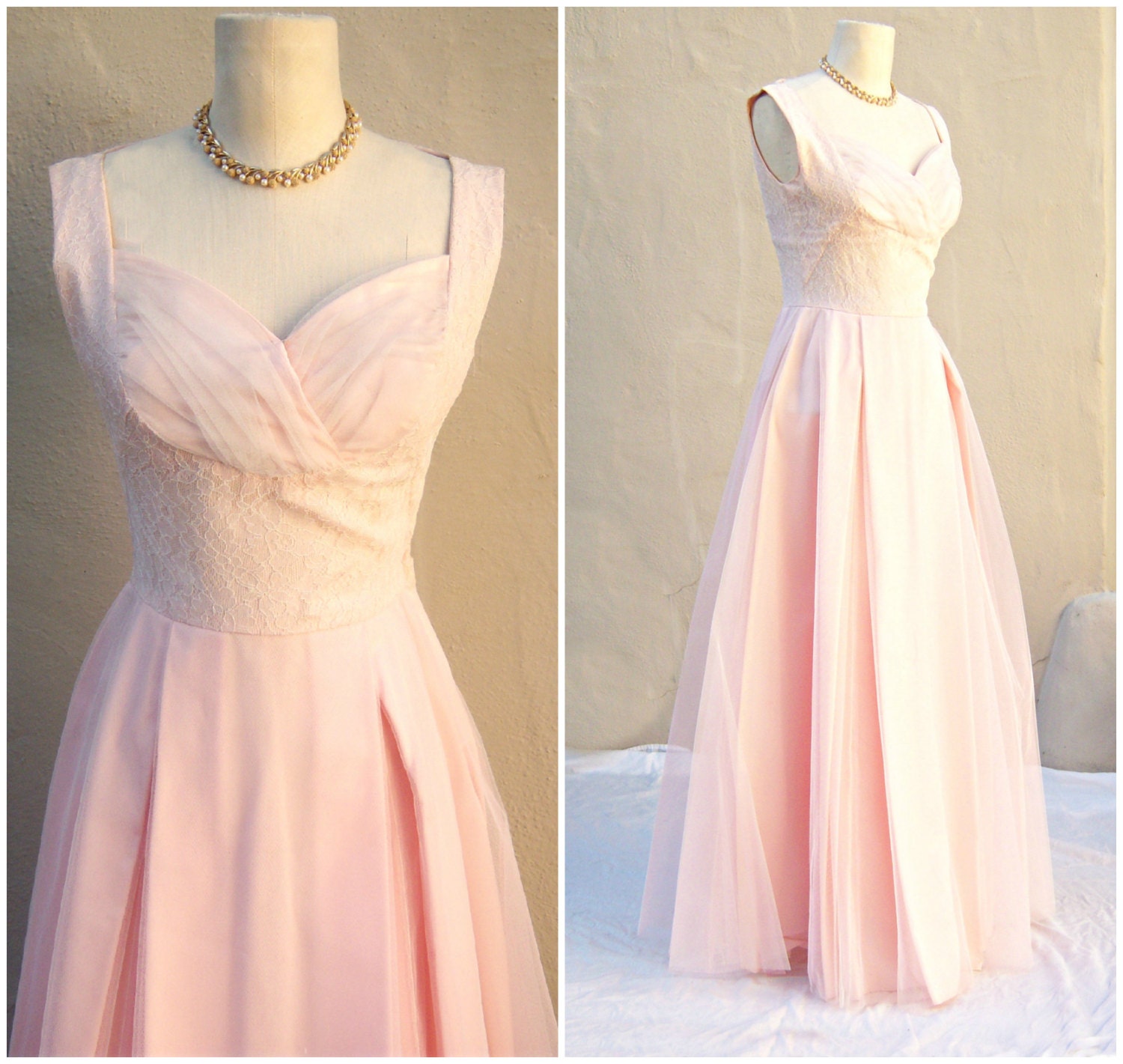 Vintage 1950s prom dress / PINK tulle lace sweetheart neckline / wedding evening debutant dress / x-sm small