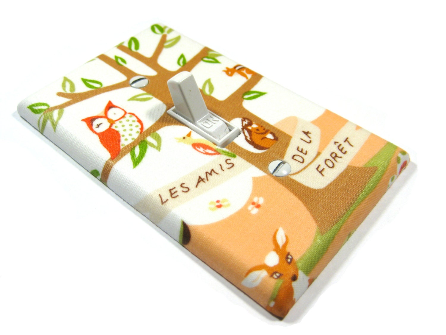 Forest Tree with Woodland Critters Nursery Decor Light Switch Cover French Theme Les Amis De La Foret Coral Peach Owl Deer Bird