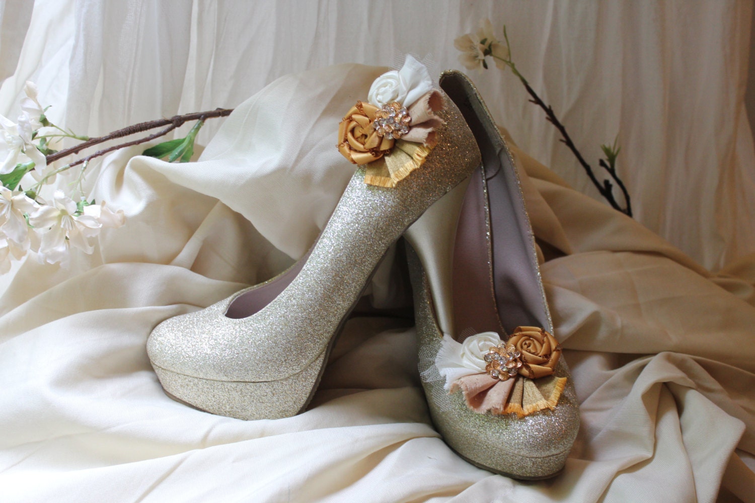 Wedding or Dress- Golden night, rolled rosette shoe clips
