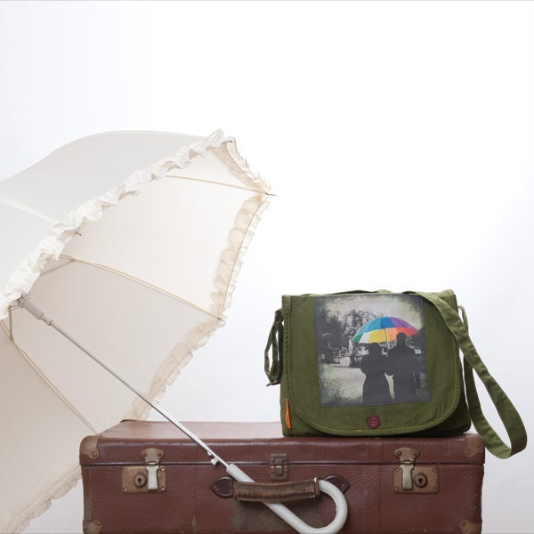 canvas messenger bag - shoulder bag - Messenger bag  - Fun photo bag - green bag - The rainbow umbrella - handbag
