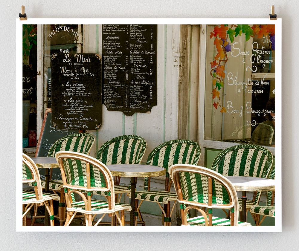 Paris Photography, Cafe Louis Phillippe, 8x10, Green Striped Cafe Chairs, French Art Print, Paris Cafe
