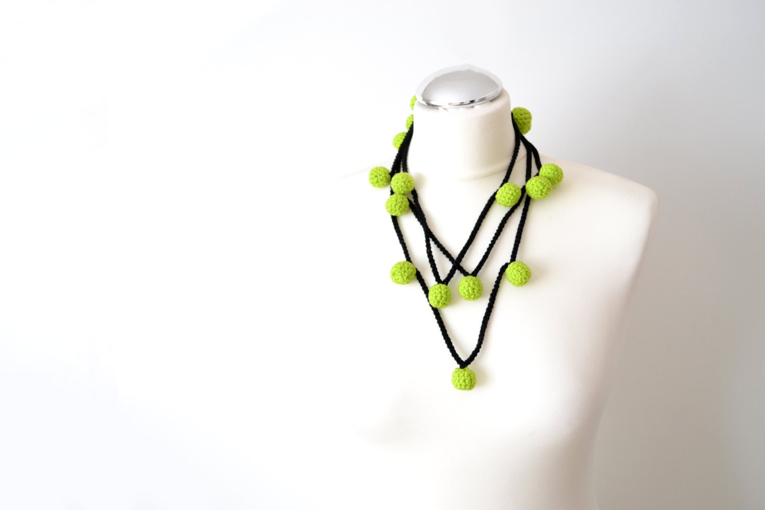crochet textile big bead necklace in bright green and black color - handmade cotton necklace, urban, boho style, various binding ways