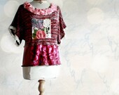 Plum Purple Upcycled Top Pink Flowers Stretchy Knit Shabby Chic Shirt Vintage Lace Eco Sweater Women's Clothing Large 'DASHA'
