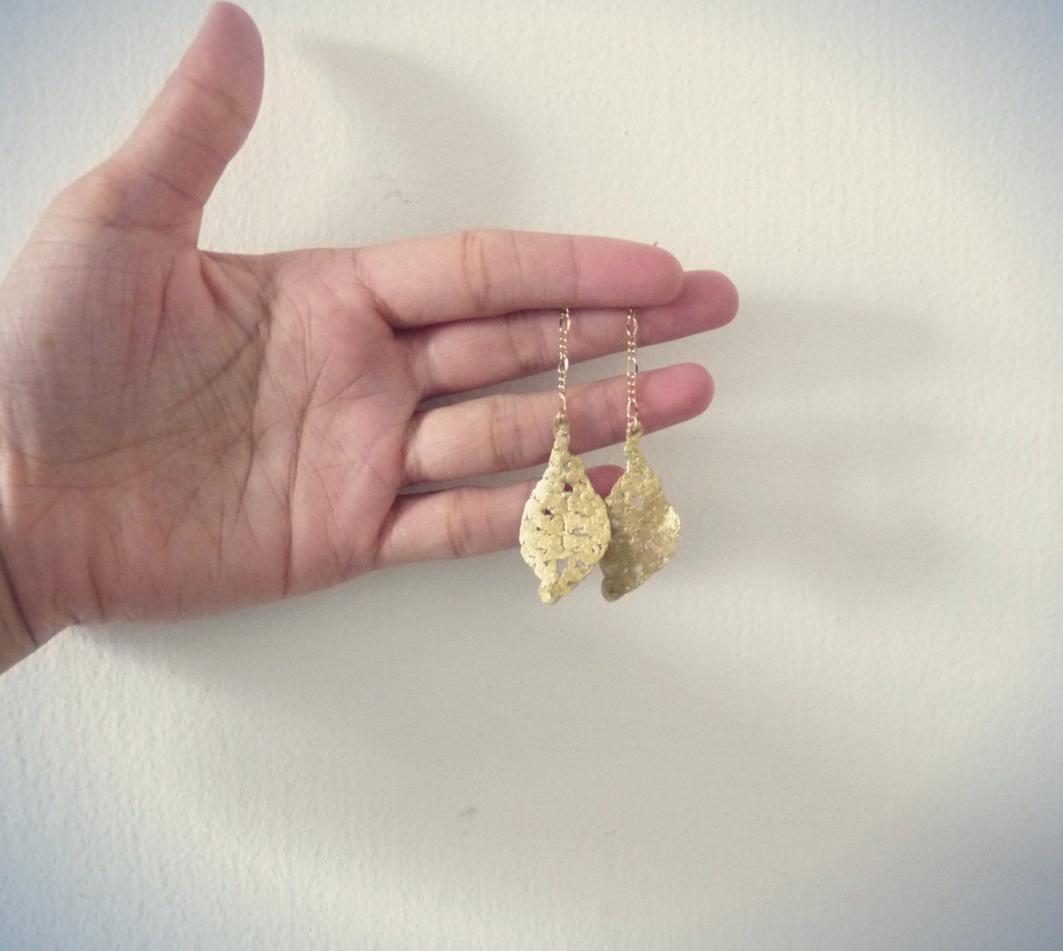 Crochet golden leaves earrings -24K gold plated chain, gold filled studs